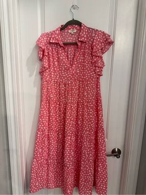 Umgee Pink  Printed Ruffle Sleeve Midi Dress